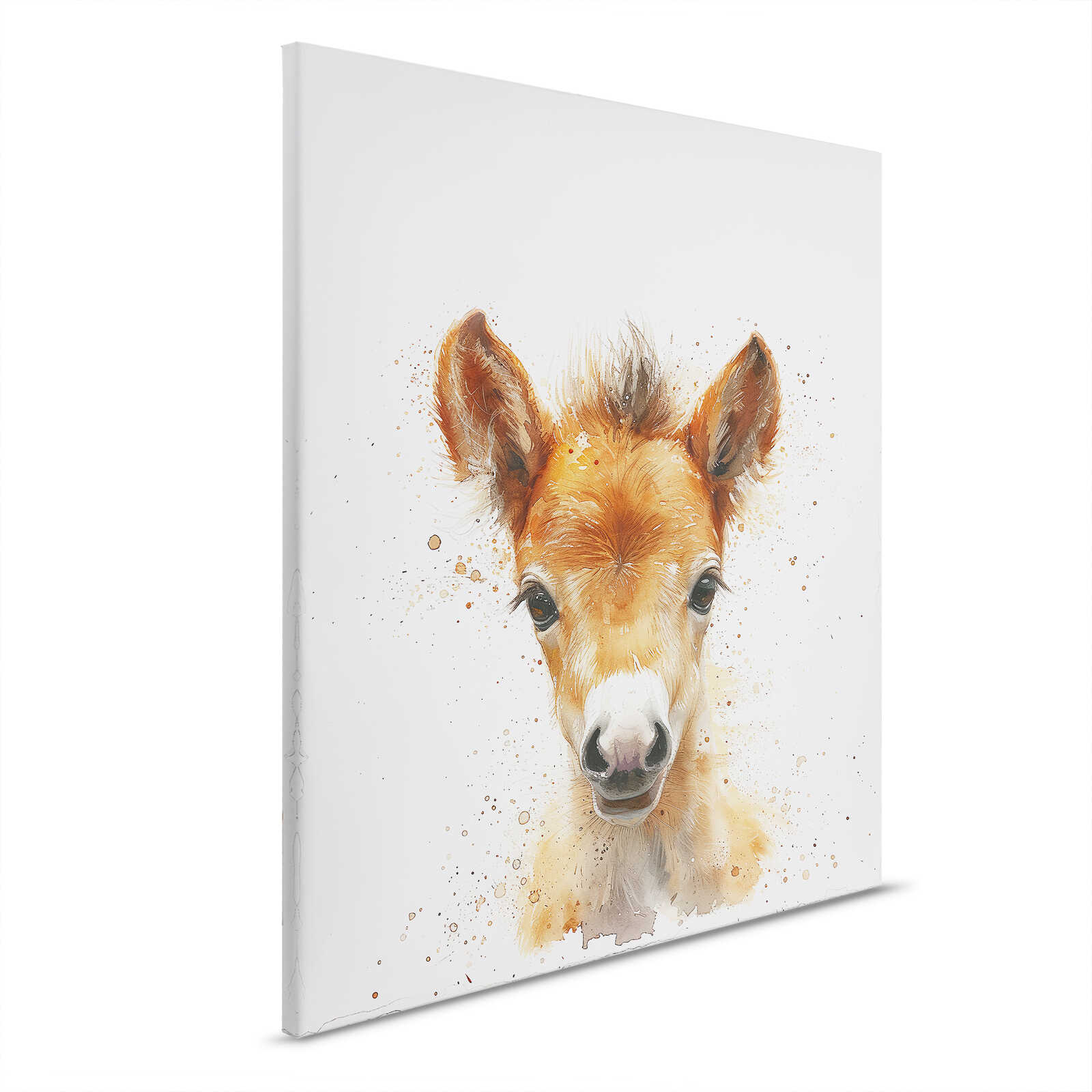         Kinderzimmer Leinwandbild Fohlen - Verspielter Wildpferde-Look - Ein zauberhaftes Fohlenportrait mit spritziger Aquarell-Optik – 40 x 50 cm - Weiss, Braun
    