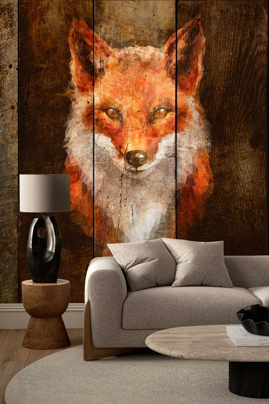 wolf artwork, wood panel mural, wohnzimmer-dekor, sofa mit kissen, tischlampe
