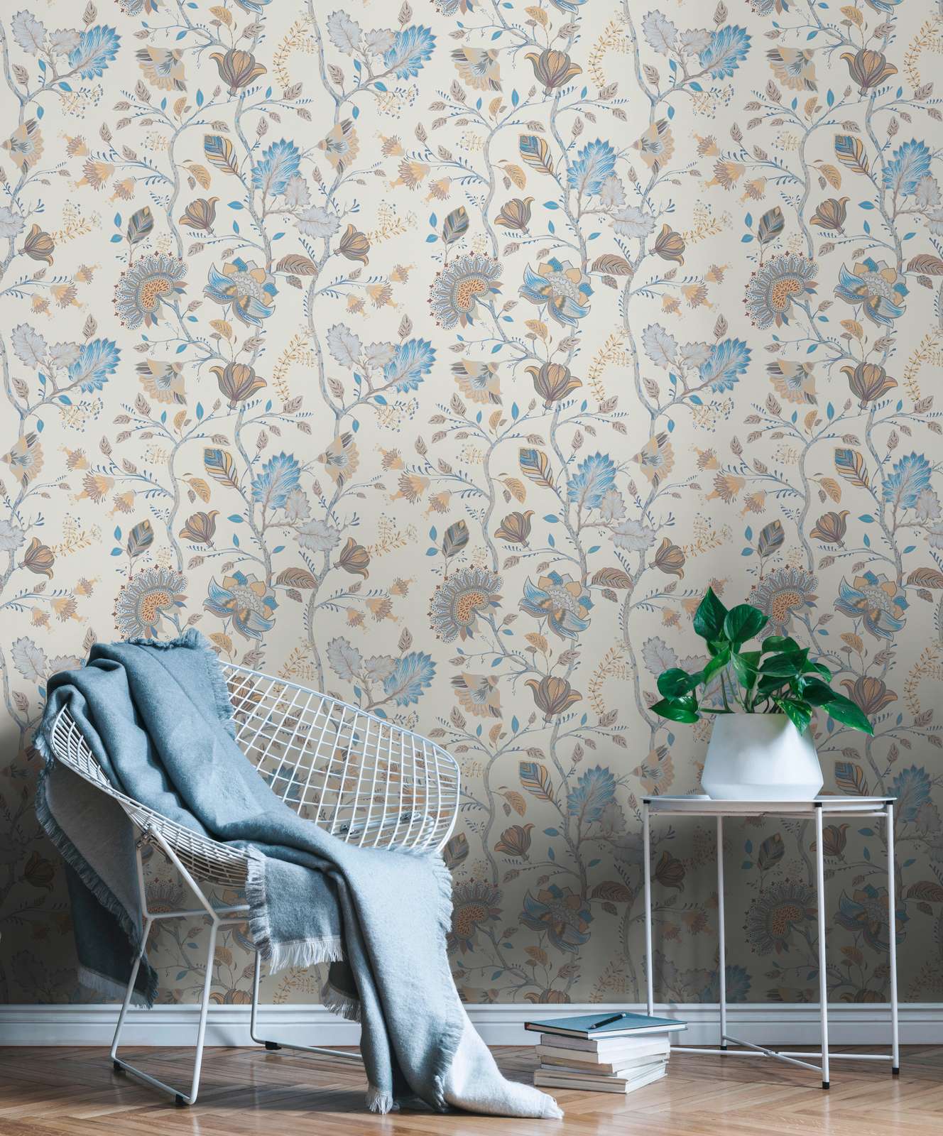             Vliestapete mit floralem Muster - Blau, Creme, Grau
        