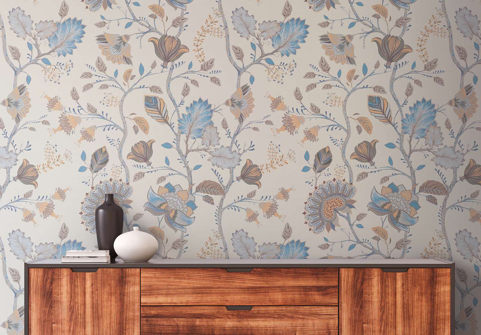             Vliestapete mit floralem Muster - Blau, Creme, Grau
        