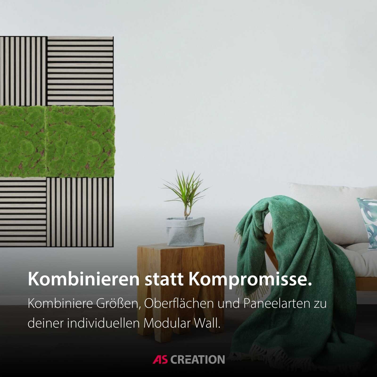 modular wall, wandpaneel, grünes moos, pflanzen topf, sofadecke