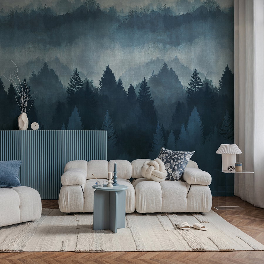 Waldmuster, Wandtapete, Nachtblau, Sofa-Gruppe, Wohnzimmer