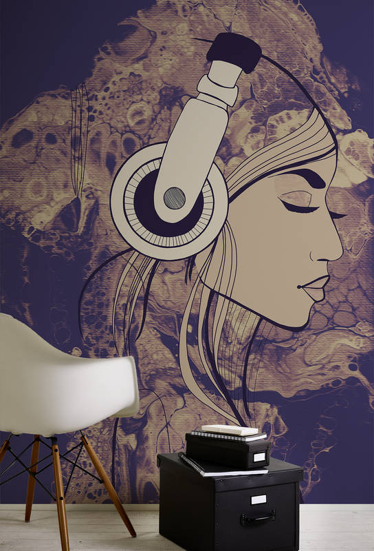 kopfhörer, stilvolles design, wandtapete, zimmerdekor, stuhl