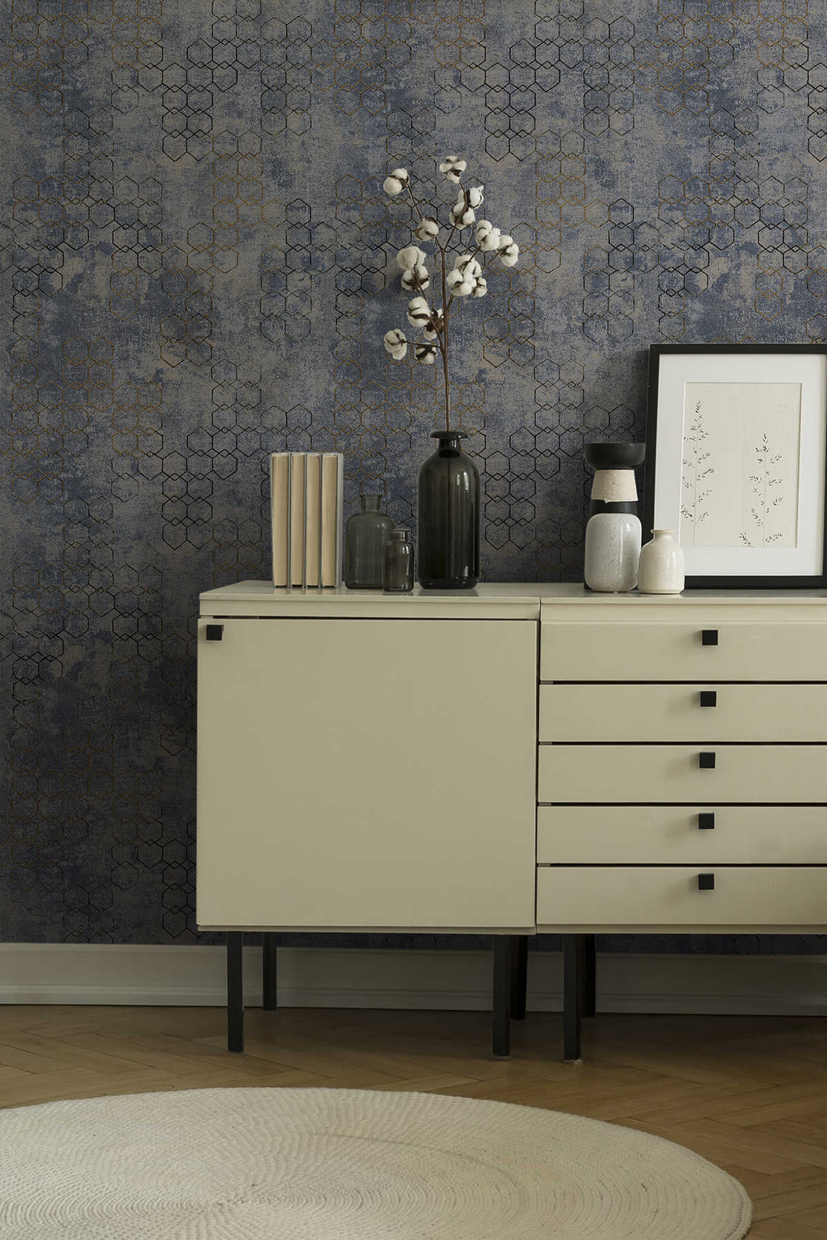             Tapete modernes Design Gold & Beton Effekt – Blau, Gold, Grau
        