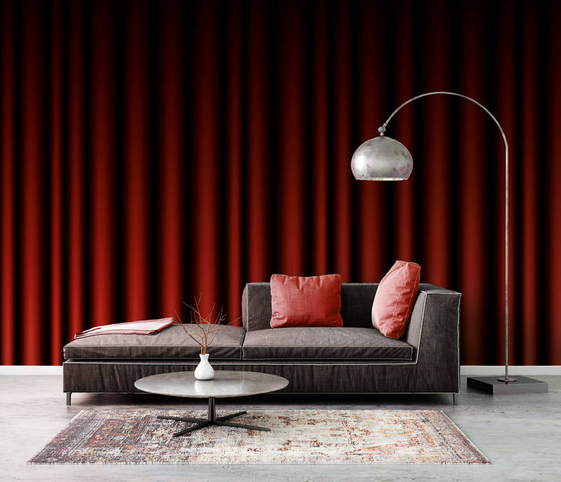 sofa, Wohnzimmer, rote Vorhänge, Kaffeetisch, Stehlampe