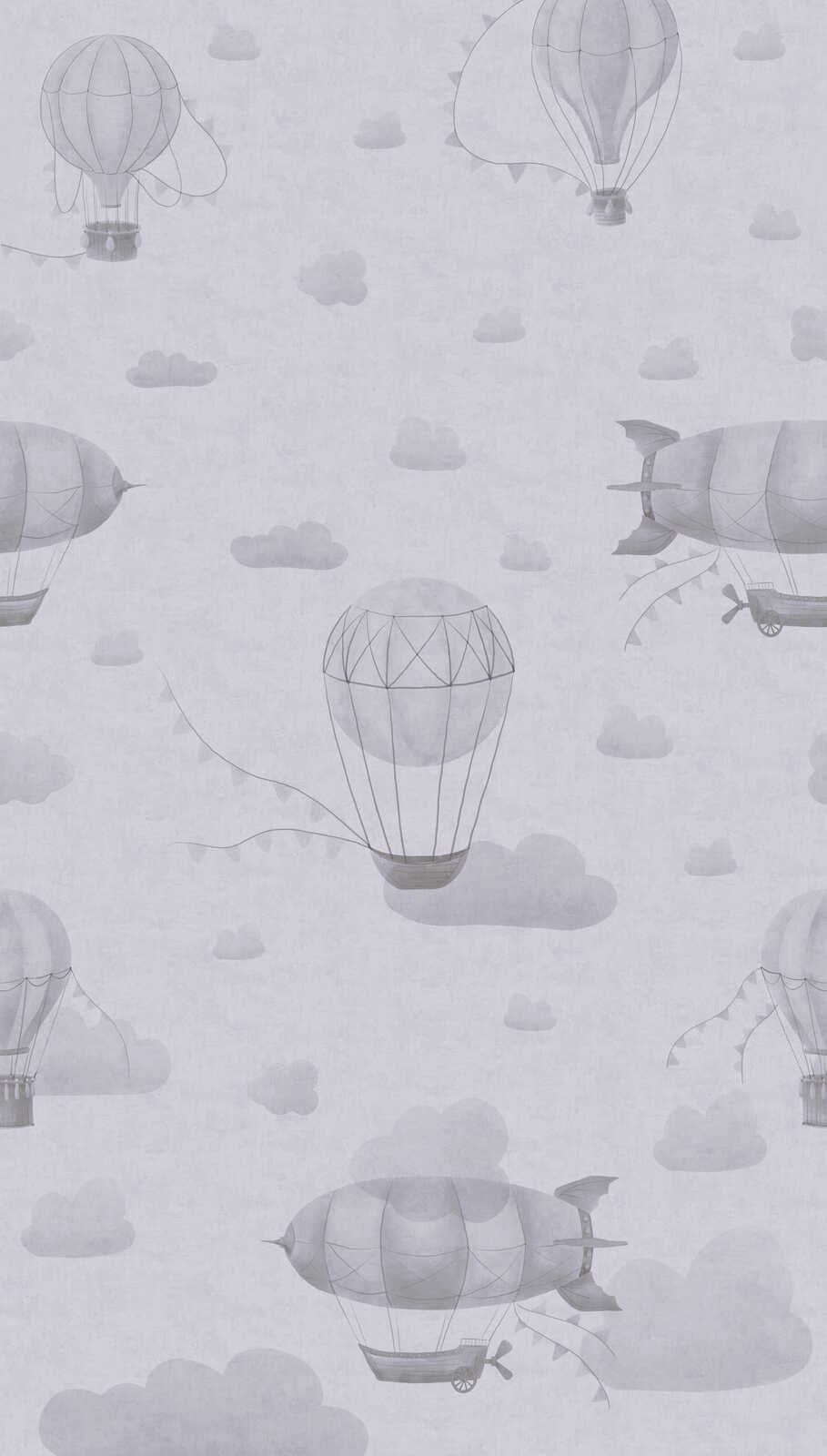             Luftabenteuer Vliestapeten Panel 159cm Breite x 280cm Höhe – Heißluftballons und Wolken für verträumte Kinderzimmer, glatte Oberfläche – Grau
        