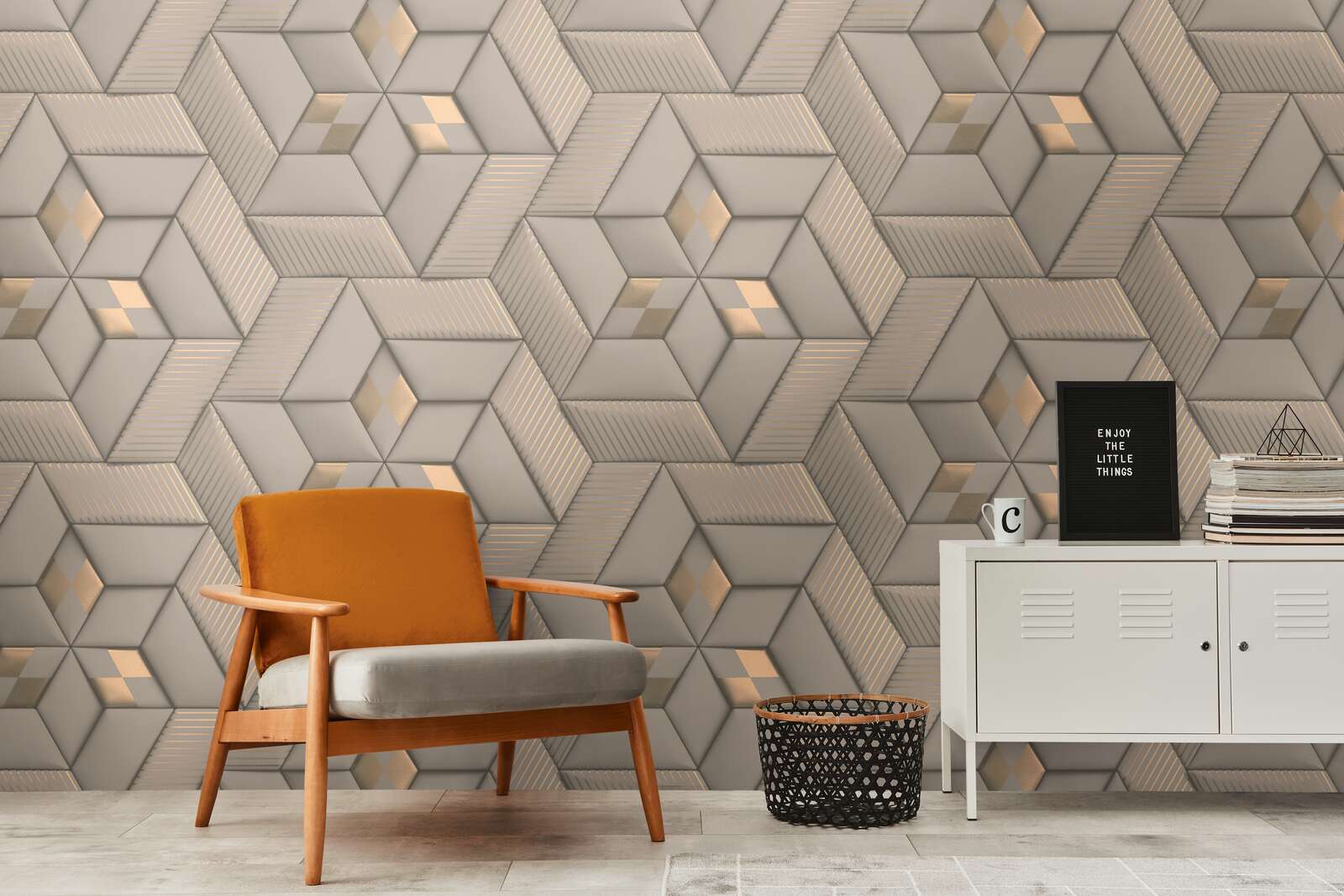             Abstrakte Mustertapete mit 3D-Optik – Grau, Taupe, Bronze
        