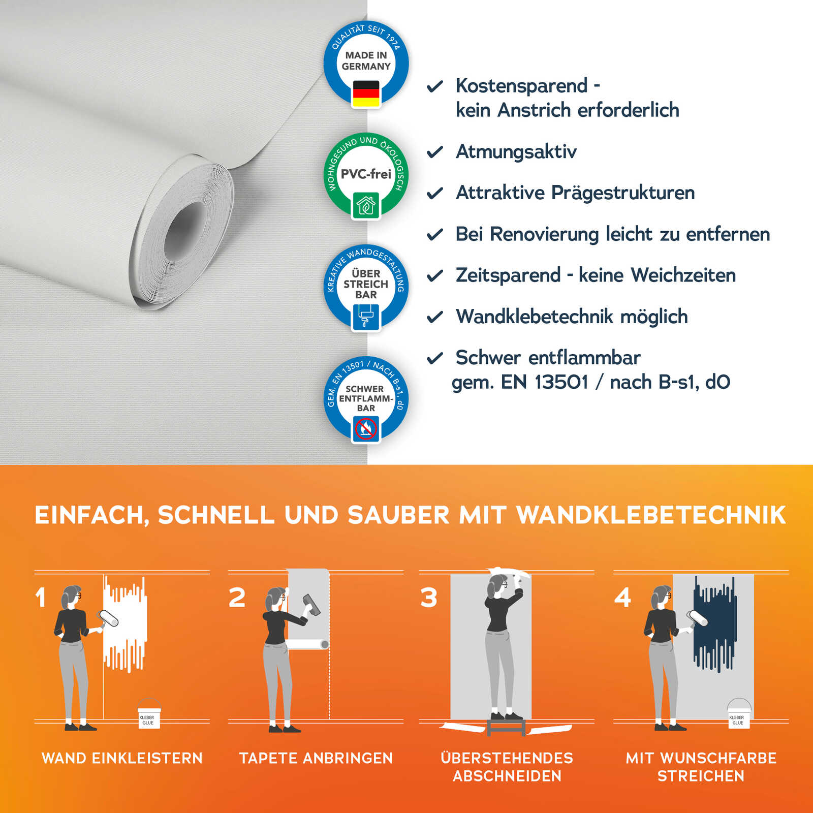 Wandfolie, PVC-frei, Rollenband, Wandkleber, Klebetechnik