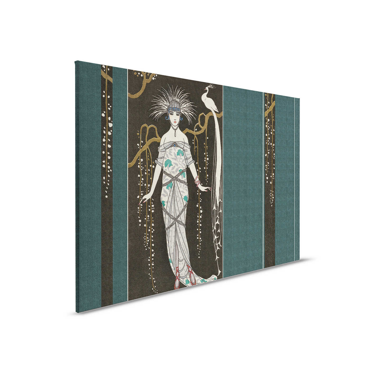         Adlon 2 - Leinwandbild Petrol & Schwarz Vintage Dame mit Pfau – 0,90 m x 0,60 m
    