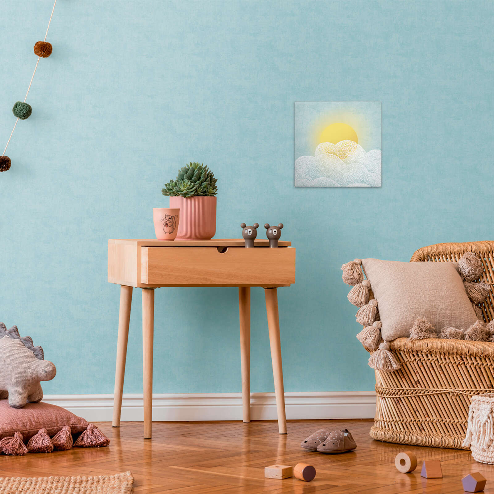             Leinwandbild Sonnenschein über den Wolken - Sanfte Pastellfarben für warme Akzente im Kinderzimmer – 30 x 30 cm - Blau, Gelb
        