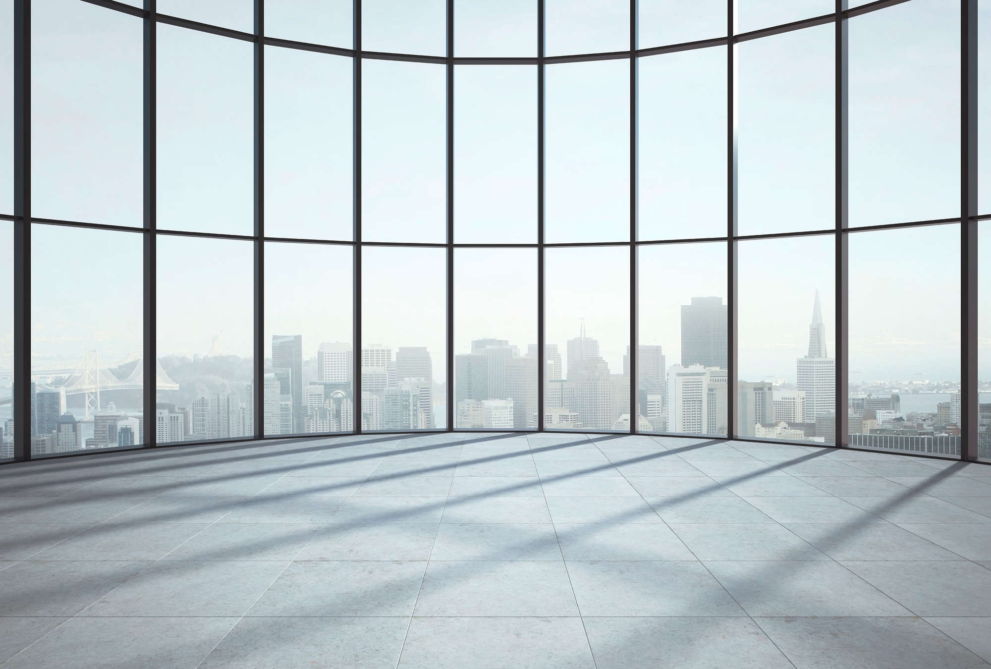             3D Optik Fototapete – Panorama Fenster mit Blick auf moderne Skyline – Grau, Weiß
        