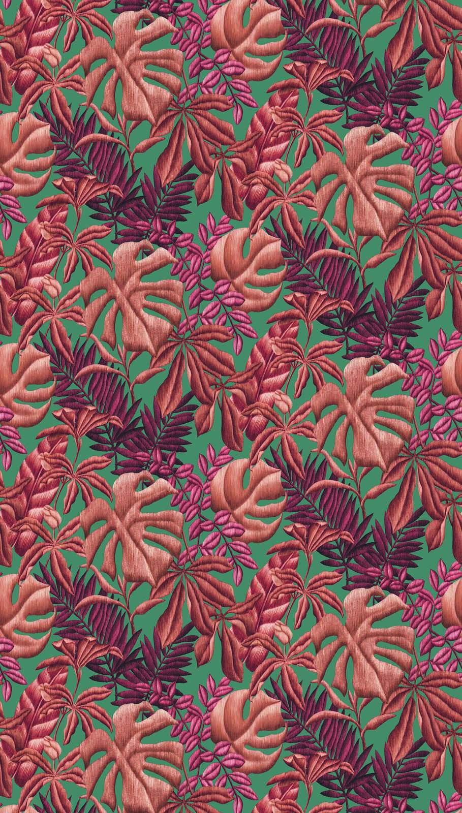             Onderlaag behang met grootschalig bladmotief varen & bananenbladeren - rood, oranje, turkoois
        