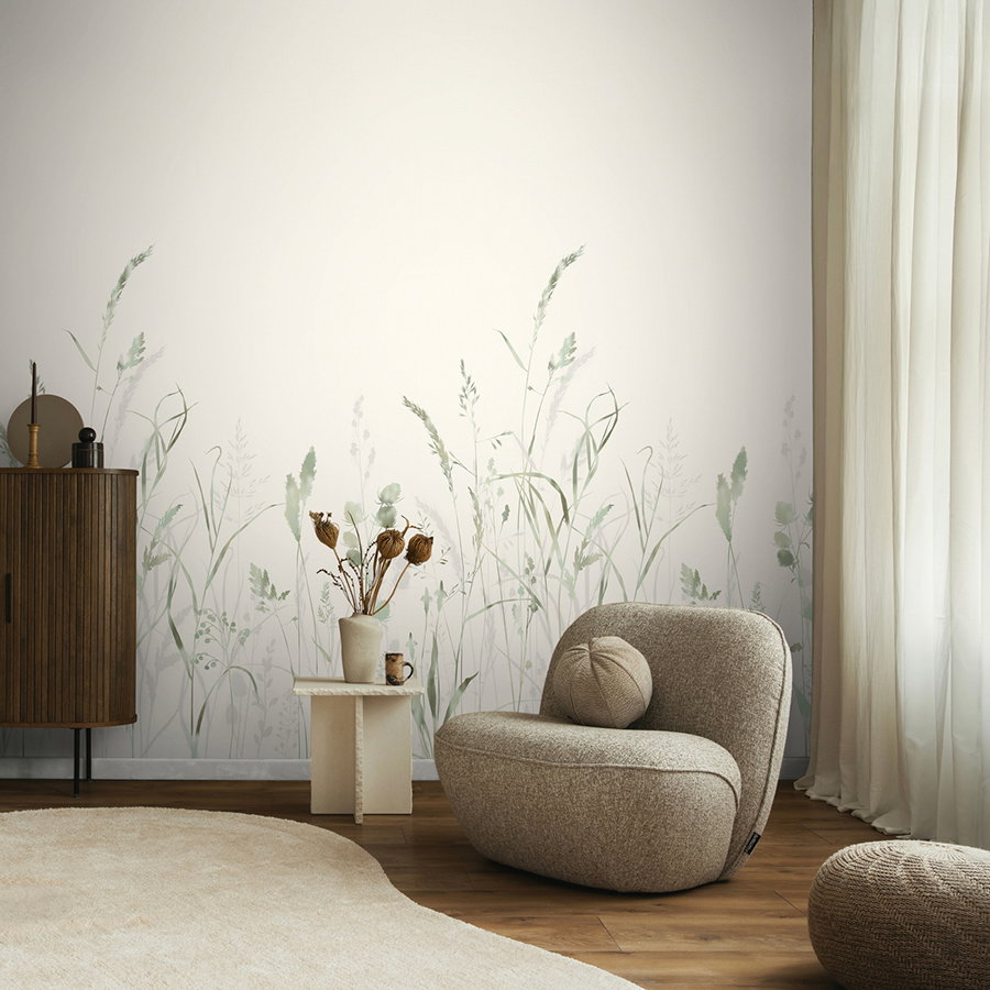 wohnzimmer, sessel, runde forms, textur, pflanzenmuster wand