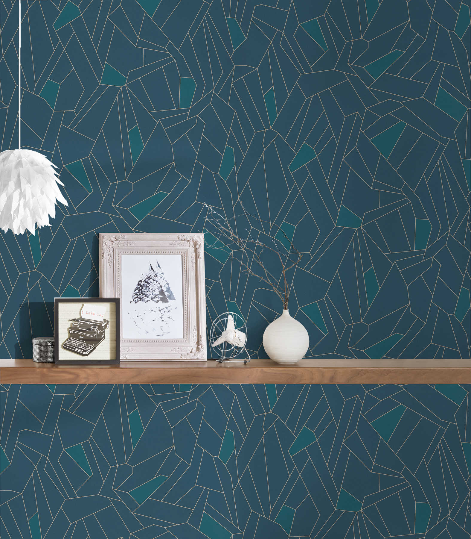             Retro Vliestapete mit Glitzer-Effekt – Blau, Petrol, Beige
        