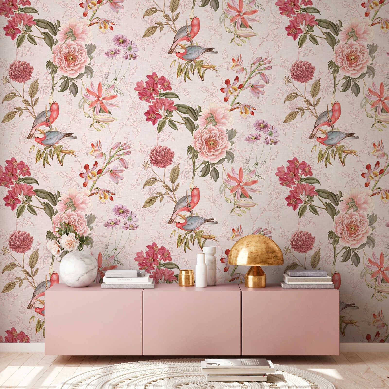 musterhafteTapete, blumendesign, rosaHintergrund, vogelmotiv, moderneKonsole