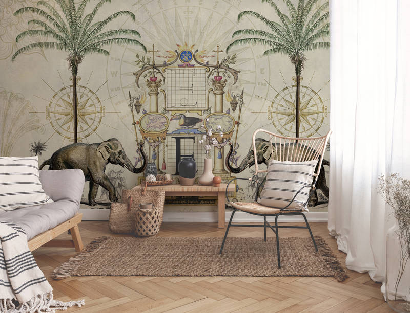 Wohnzimmer, Wandtapete, Elefantenmotif, Palmen, Holzsofa