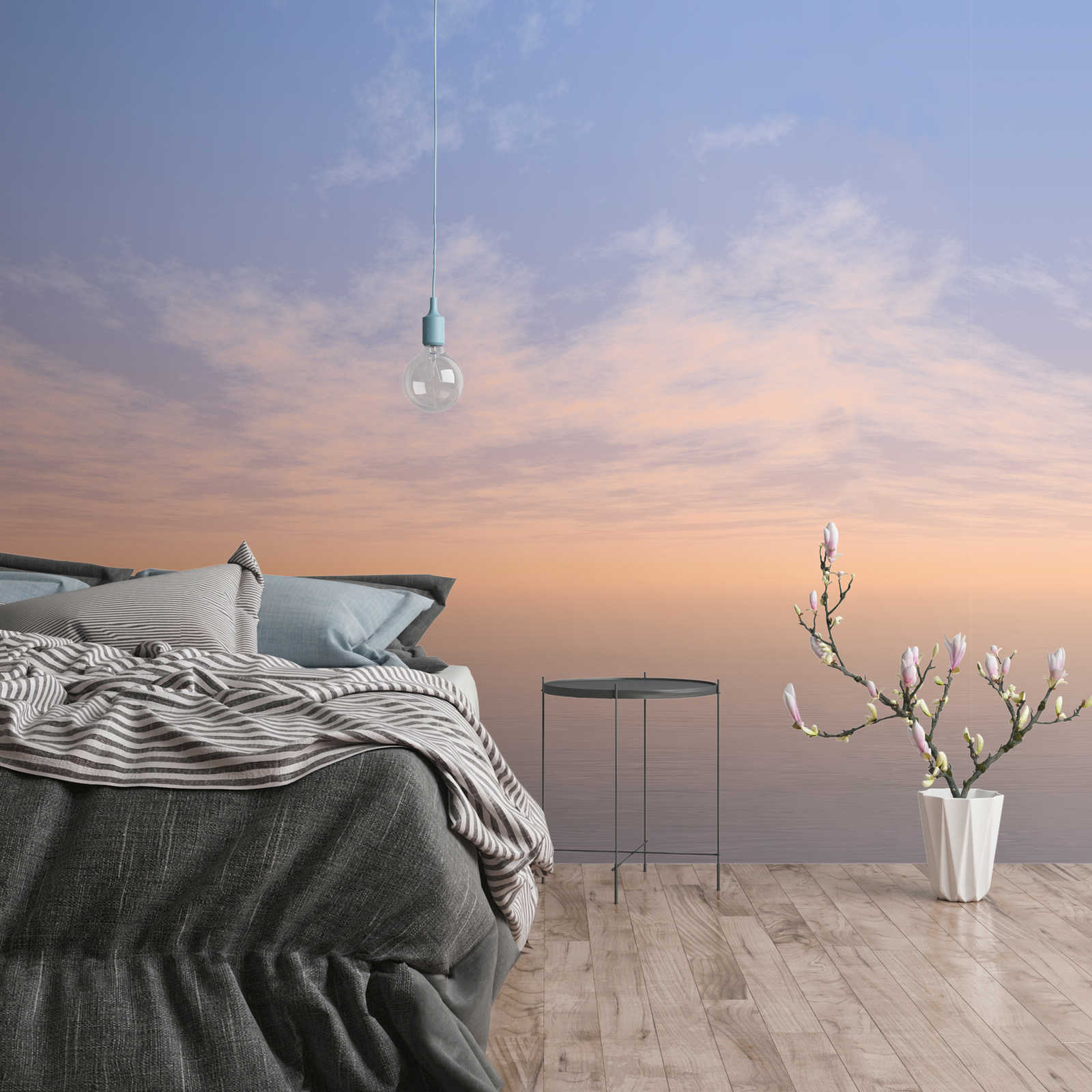         Zeezicht behang met wolken bij schemering - Blauw, Wit, Grijs
    