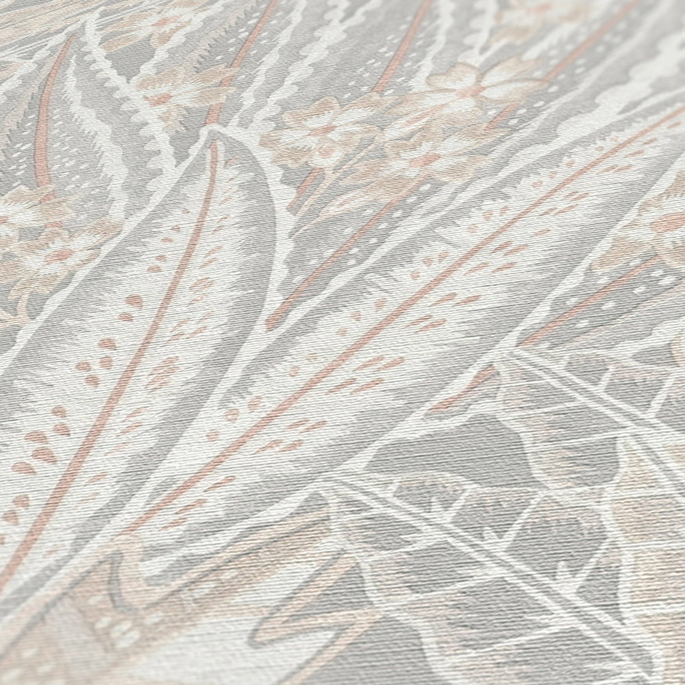 Florale Vliestapete in sanften Farben und matter Optik – Grau, Beige, Weiß