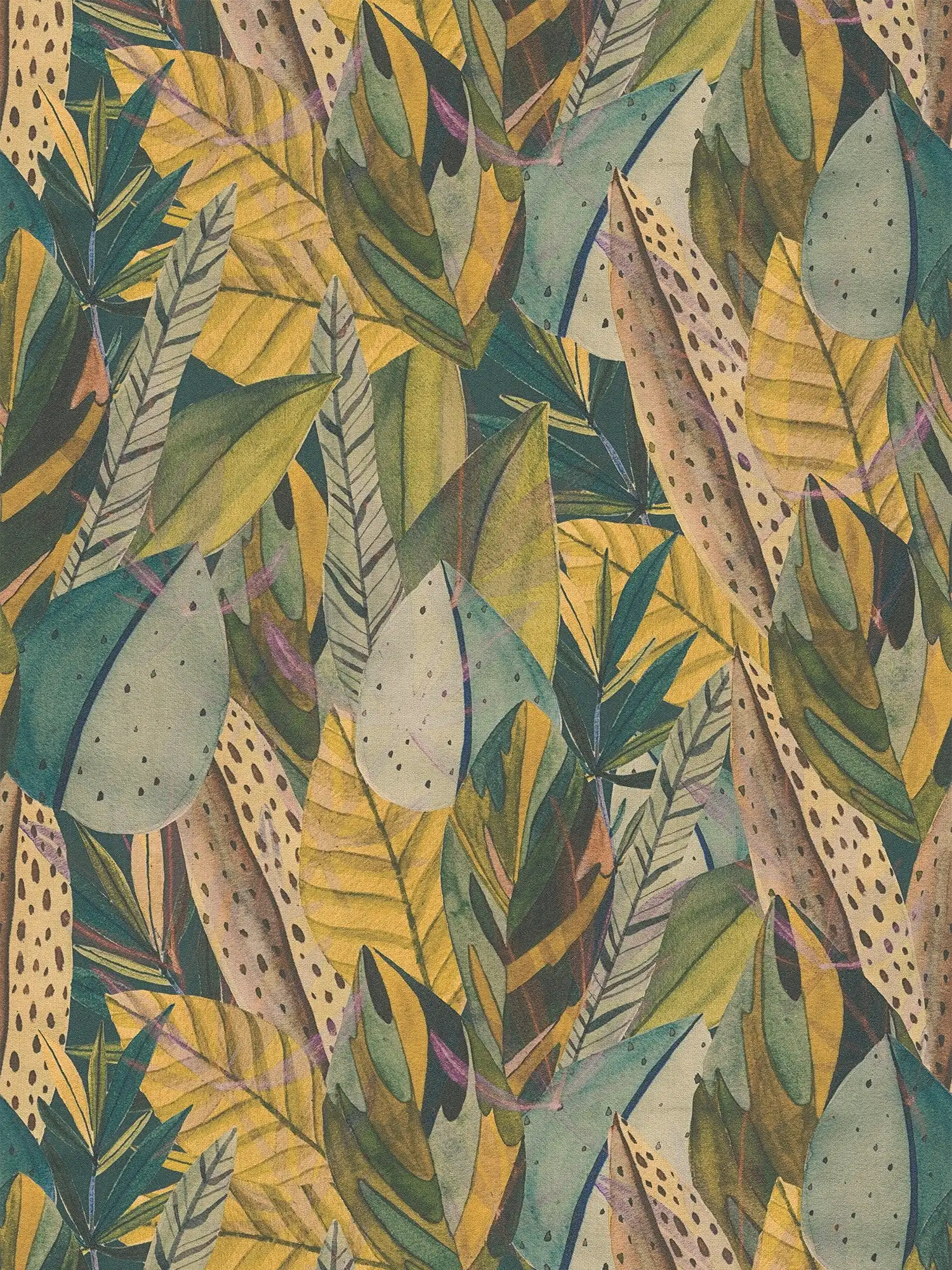 Lebendige, leicht strukturierte Vliestapete mit tropischem Blättermuster – Bunt
