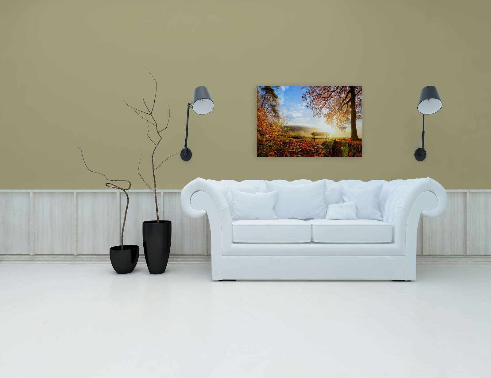             Leinwandbild Bank im Wald an einem Herbstmorgen – 0,90 m x 0,60 m
        