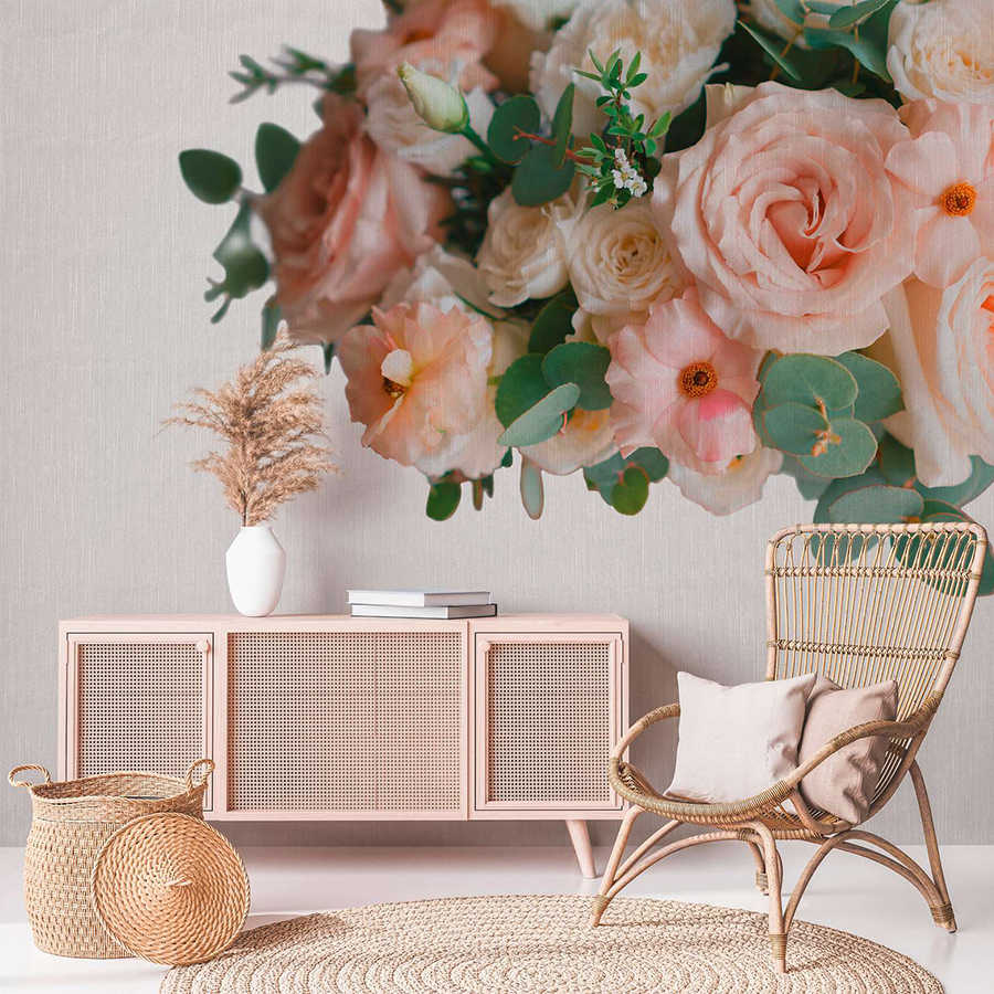 flower mural, pink decor, peony bouquet, rattan chair, living room