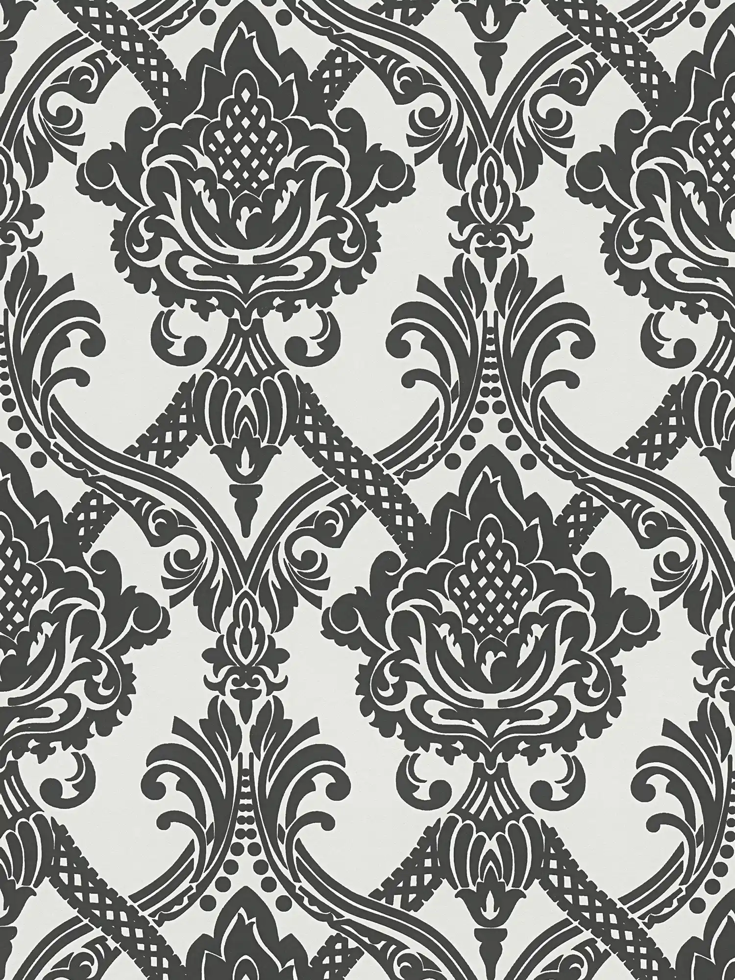         Metallic wallpaper baroque ornamental pattern in black and white
    