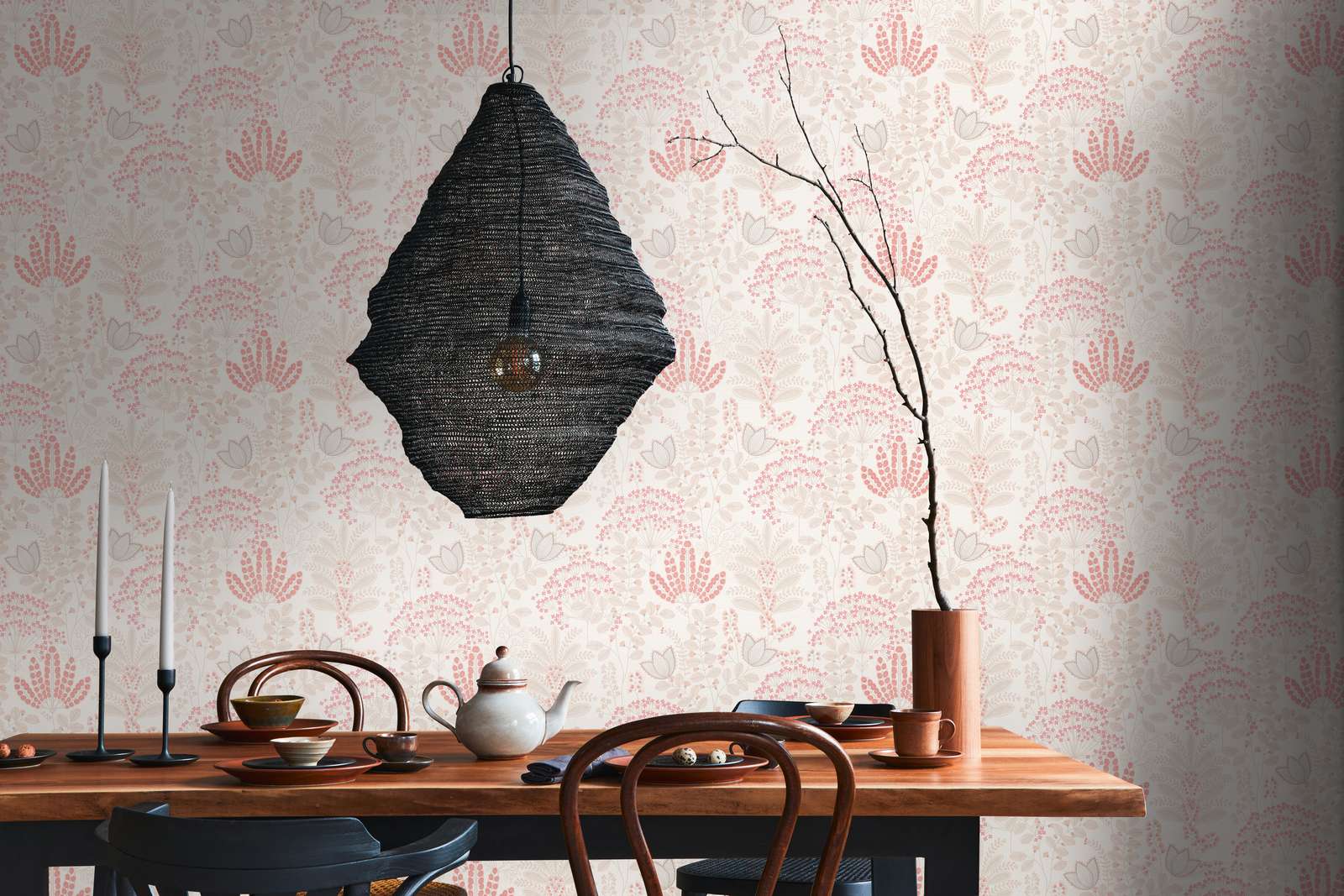             Florale Tapete mit Blättern im Retro-Design leicht strukturiert, matt – Weiß, Taupe, Rosa
        