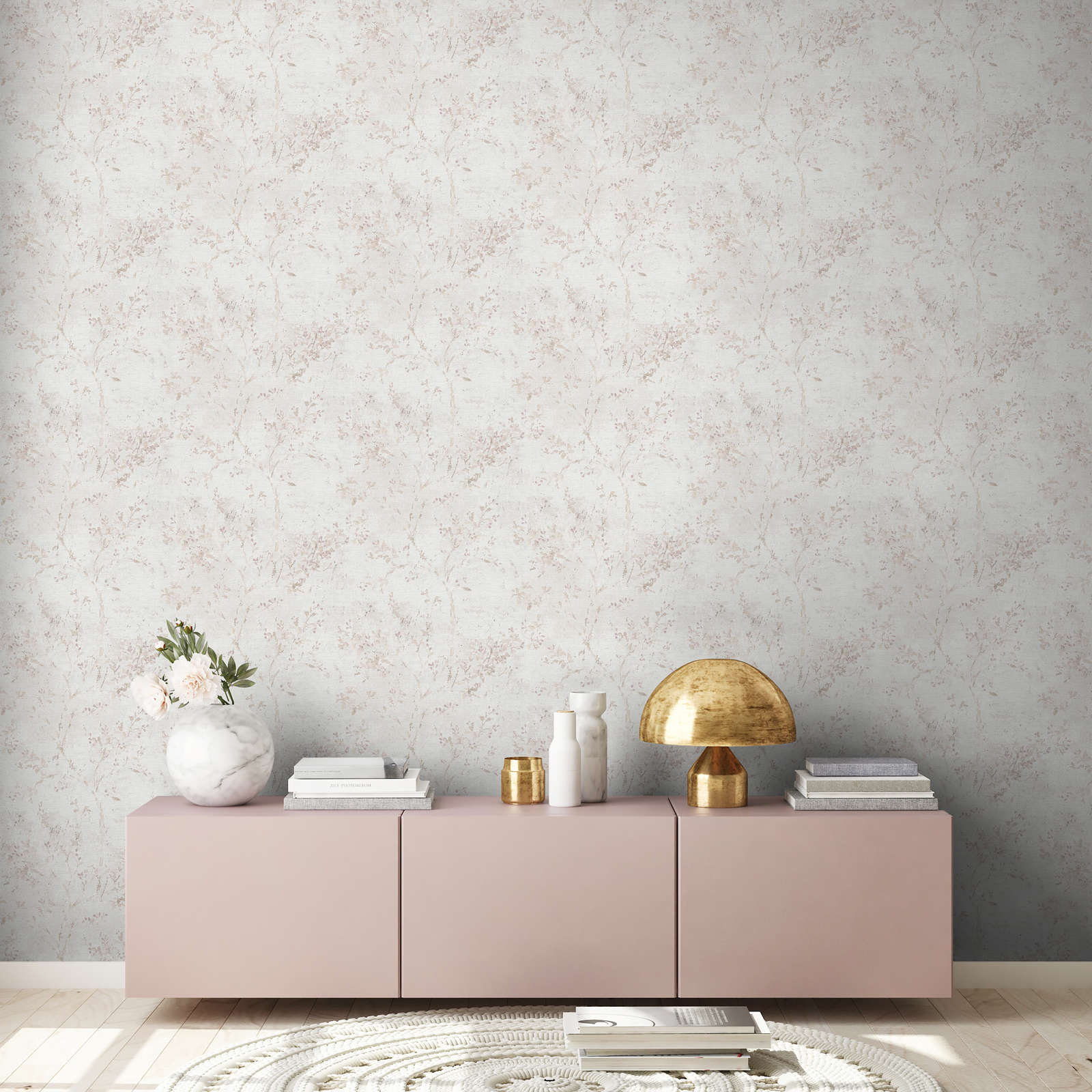             Vliestapete mit verspielter Blumenbemusterung – Grau, Beige, Lila
        
