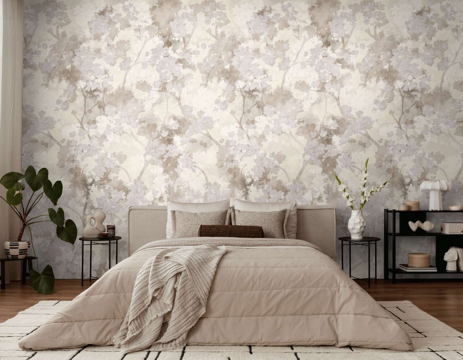 bettwand, blumenmuster, tapete, bettdecke, wohnzimmer