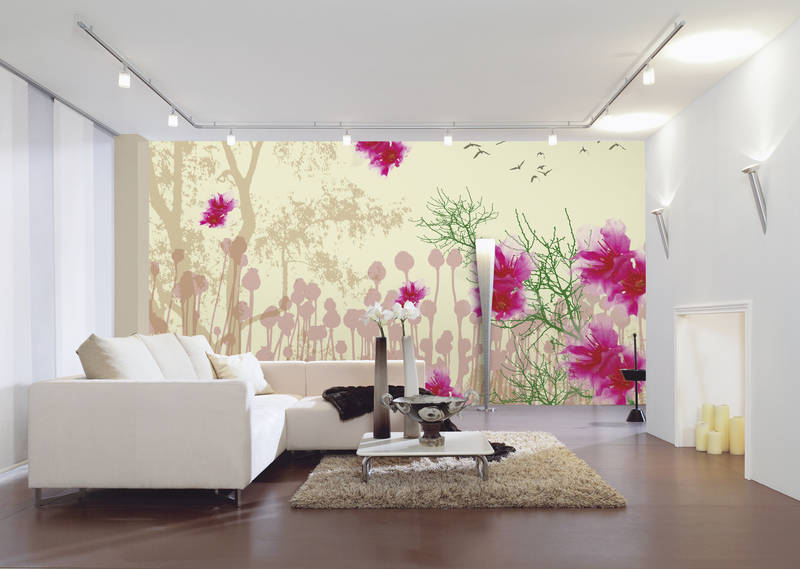 wohnzimmer, wand mural, pflanzenmuster, tischplatte, teppich