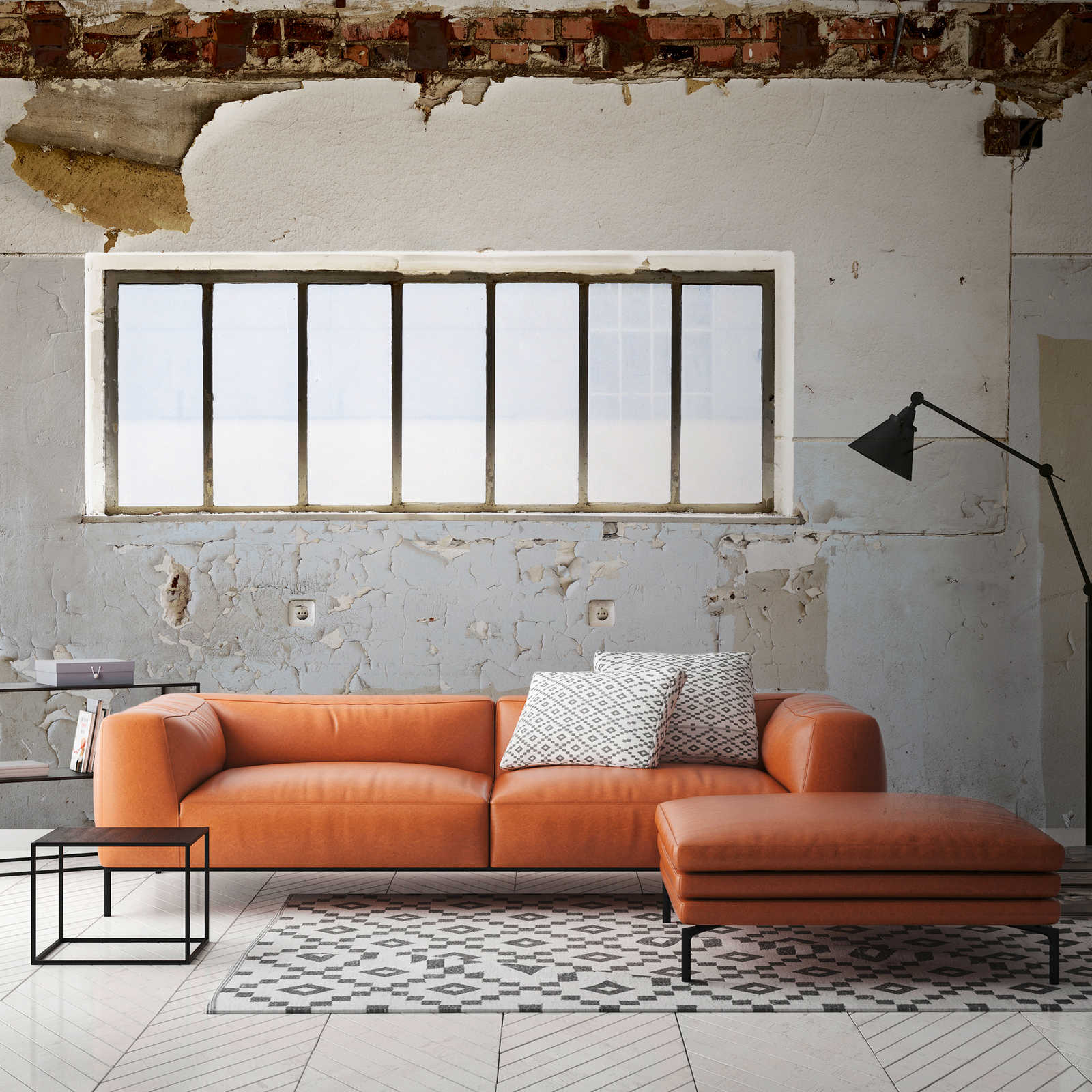         Vliestapete kaputte Zimmerwand mit Fenster – Beige, Grau, Weiß
    