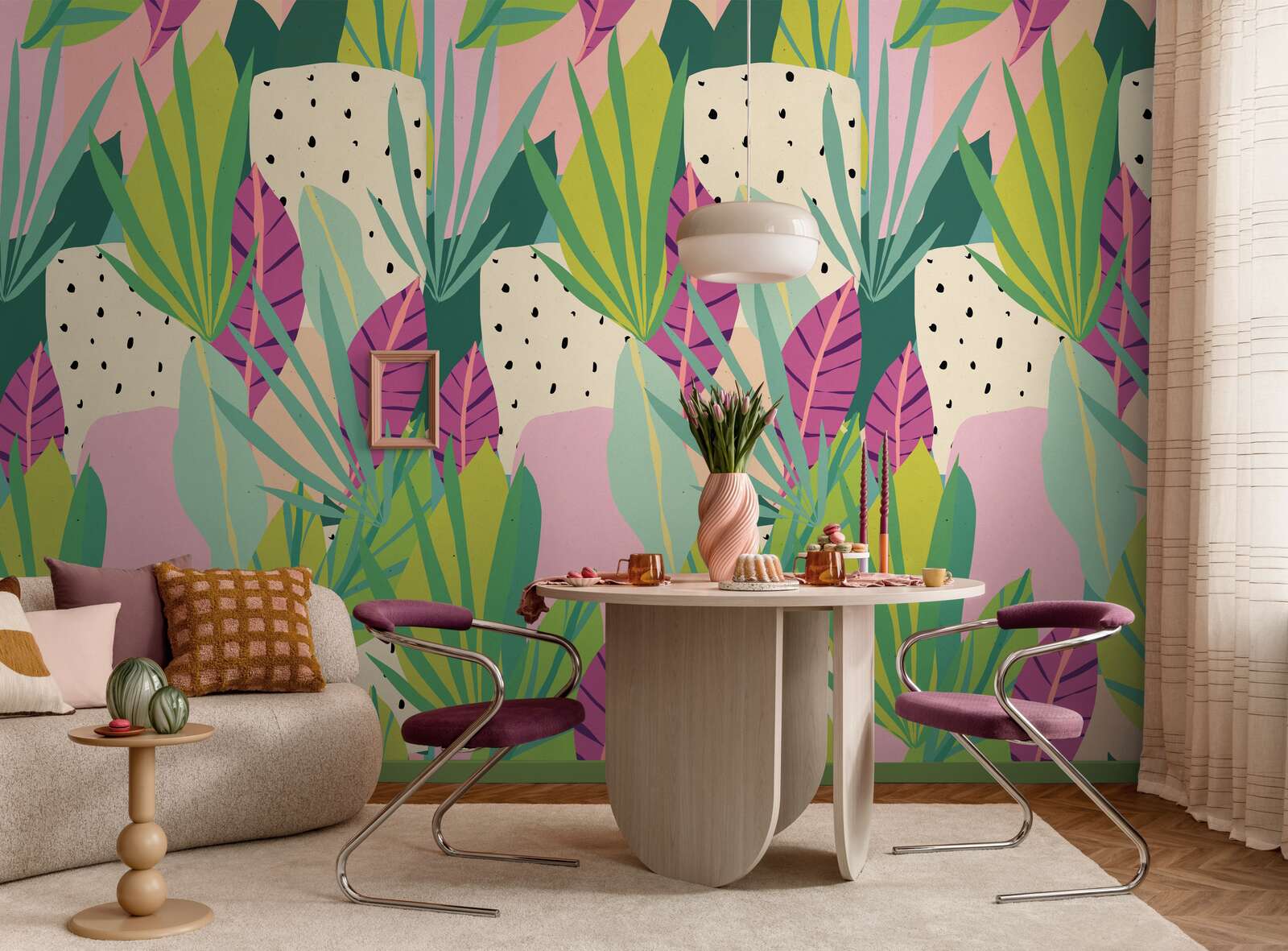 wallpaper,  tropical mural,  pink sofa,  glassware,  round table