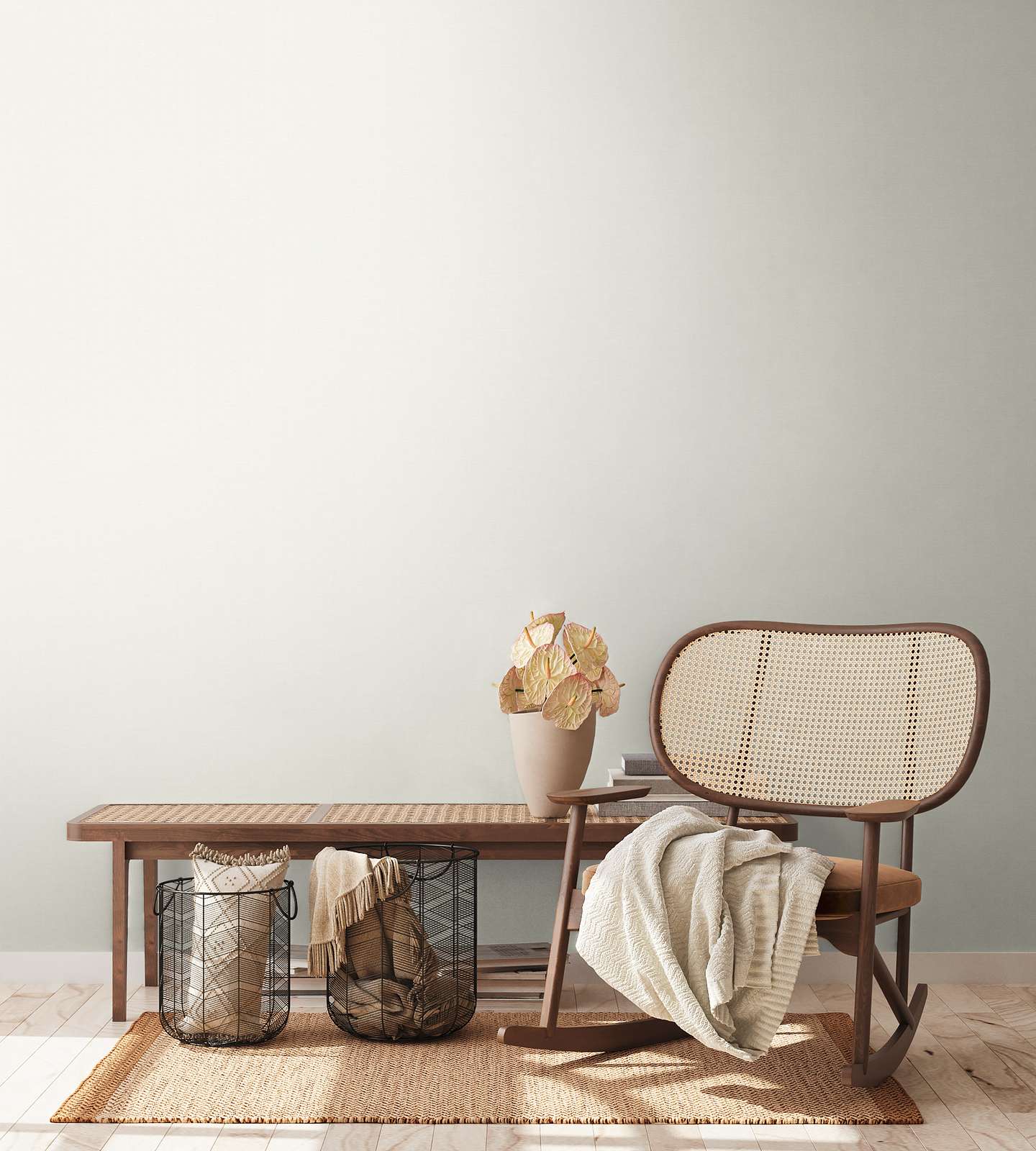 rocking chair, rattan chair, geflecht rückwand?, holzrahmen, neutrale einrichtung