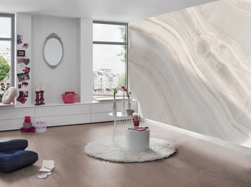 Interior, Wohnzimmer, Musterwand, Holzboden, Runde Türkis