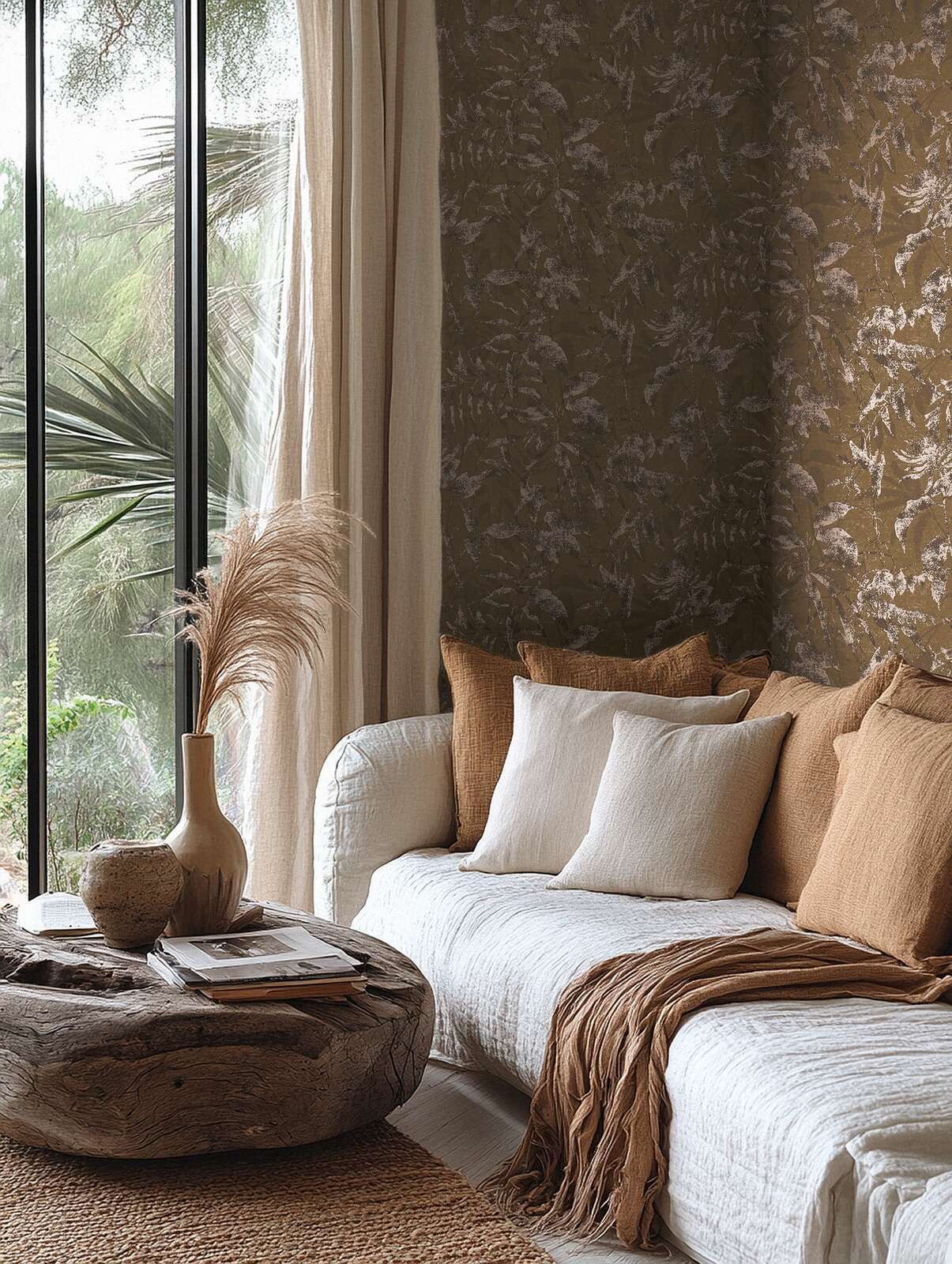Elegante Vliestapete mit Blättermuster im Vintage-Stil – Braun, Metallic