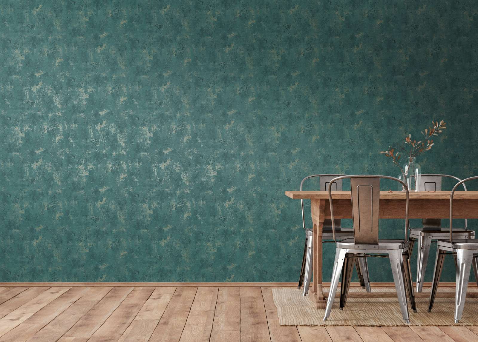             Petrolbehang betonlook met structuurdesign - groen, metallic
        