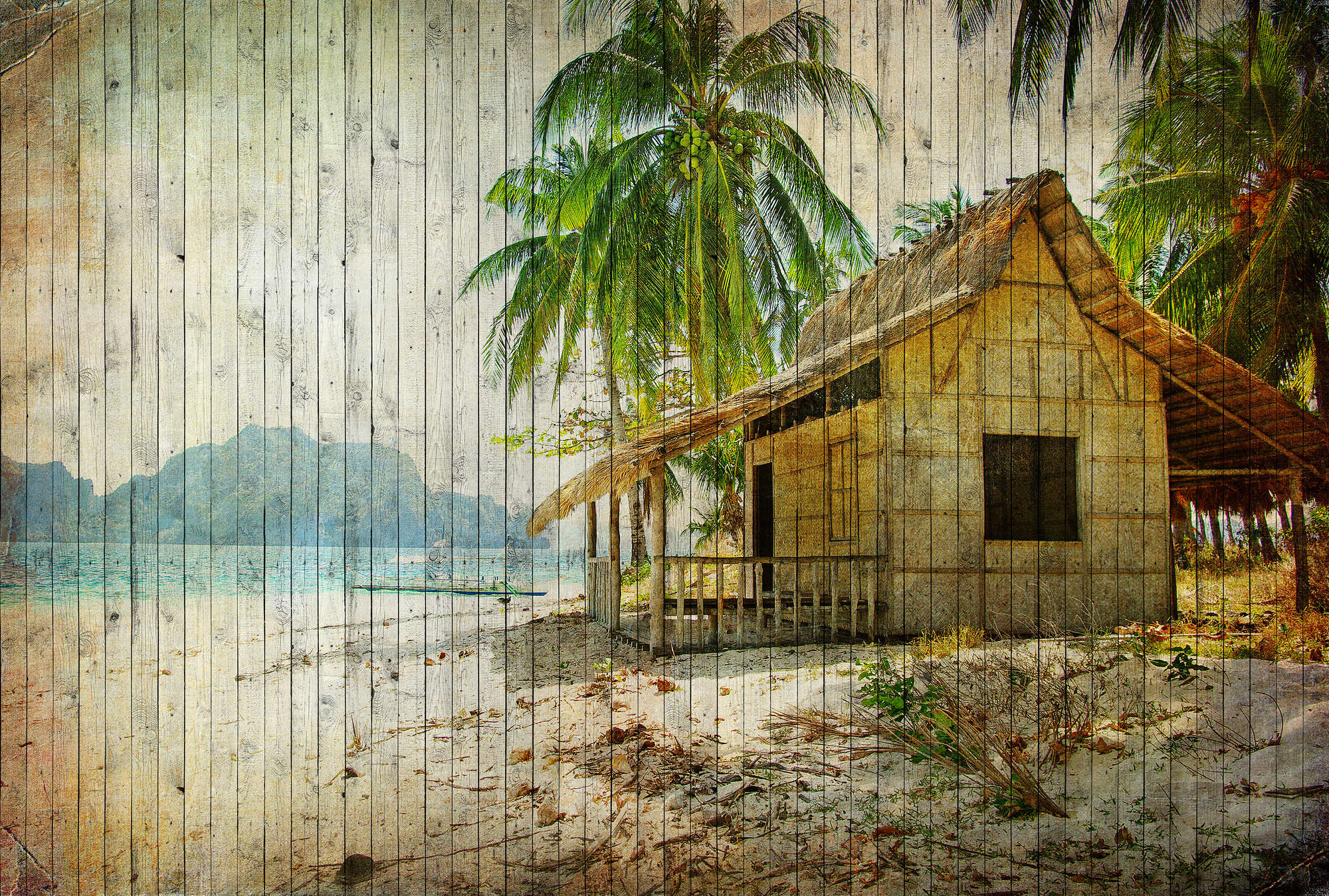             Tahiti 1 - Südsee Strand Fototapete mit Bretteroptik in Holzpaneele – Beige, Blau | Premium Glattvlies
        