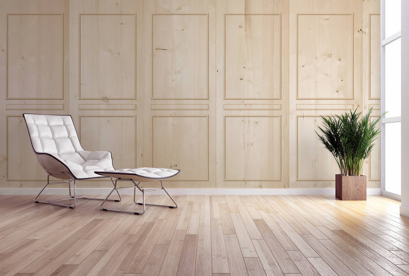 Wohnzimmer, Sessel, Bezug weiß, Holzboden, Pflanze