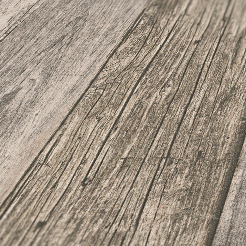             Holztapete mit Brettern im rustikalen Industrial Design – Beige, Schwarz, Creme
        