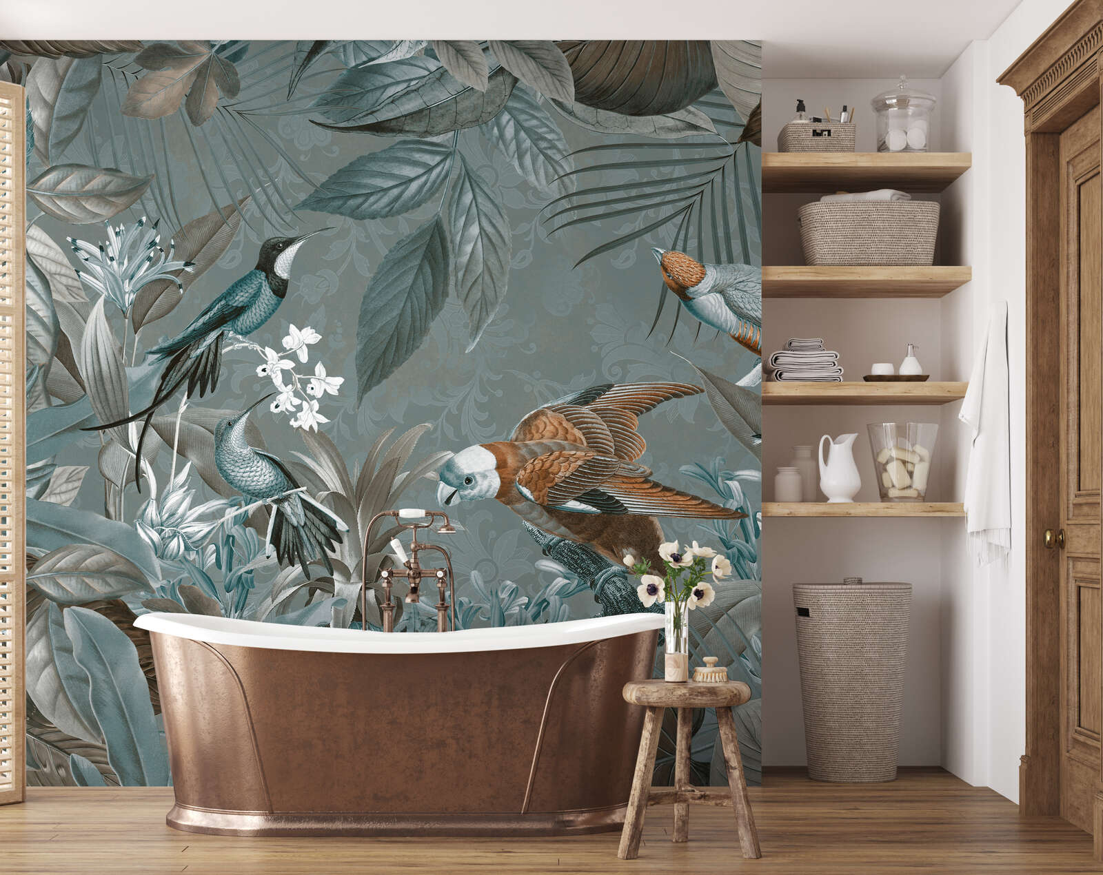 Badewanne, Kupferfarben, Freistehende Badewanne, Pflanzenmuster, Vogel-Druck