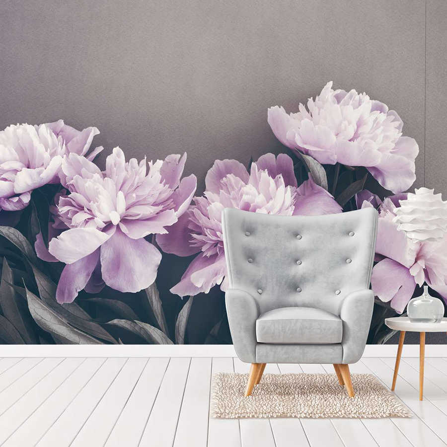 Floral mural, Peony wallpaper, Grey chair, Accent wall, Living room decor