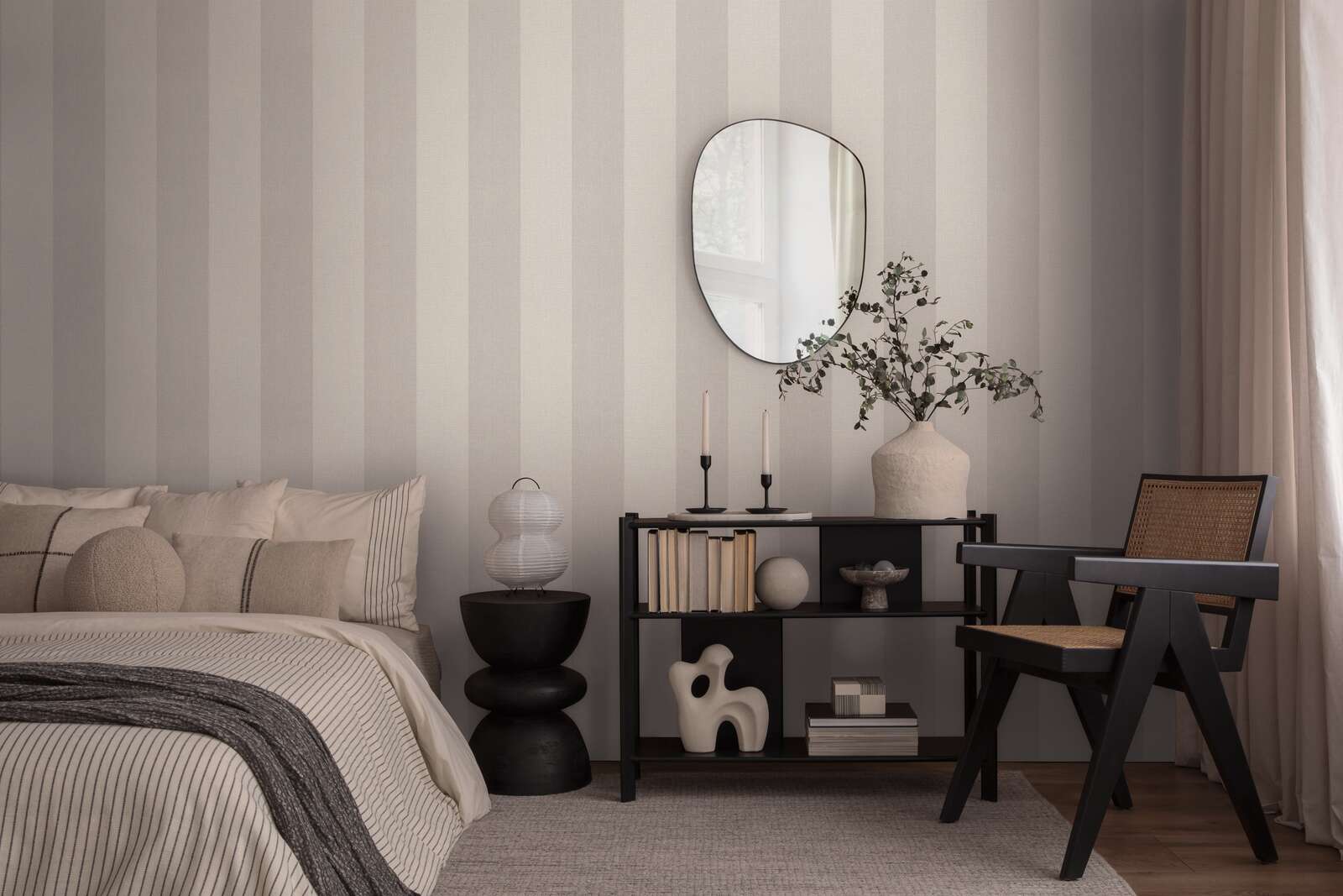             Vliesbehang met gestructureerde blokstrepenlook - beige, crème, grijs
        