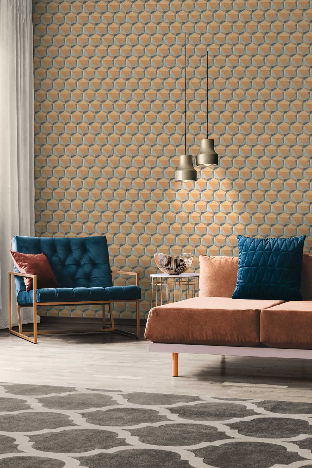 Grafiktapete Retro Muster mit 3D Design – Orange, Blau