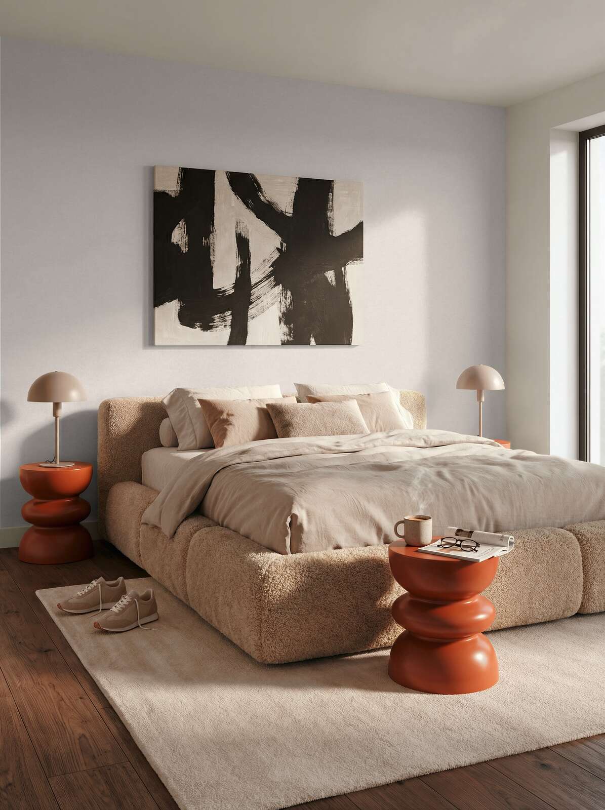 Bett, Neutrale Farben, abstrakte Kunst, Sofa, Teppich