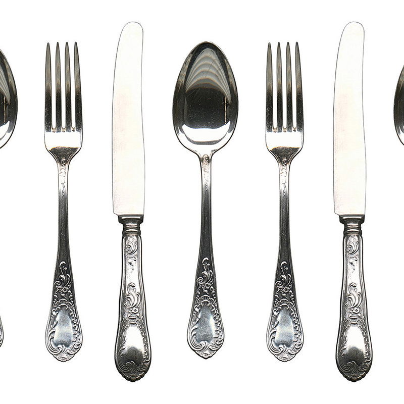         Küchen Design Vliestapete – Fototapete mit Besteck Muster im modernen Stil – Silber, Weiß
    