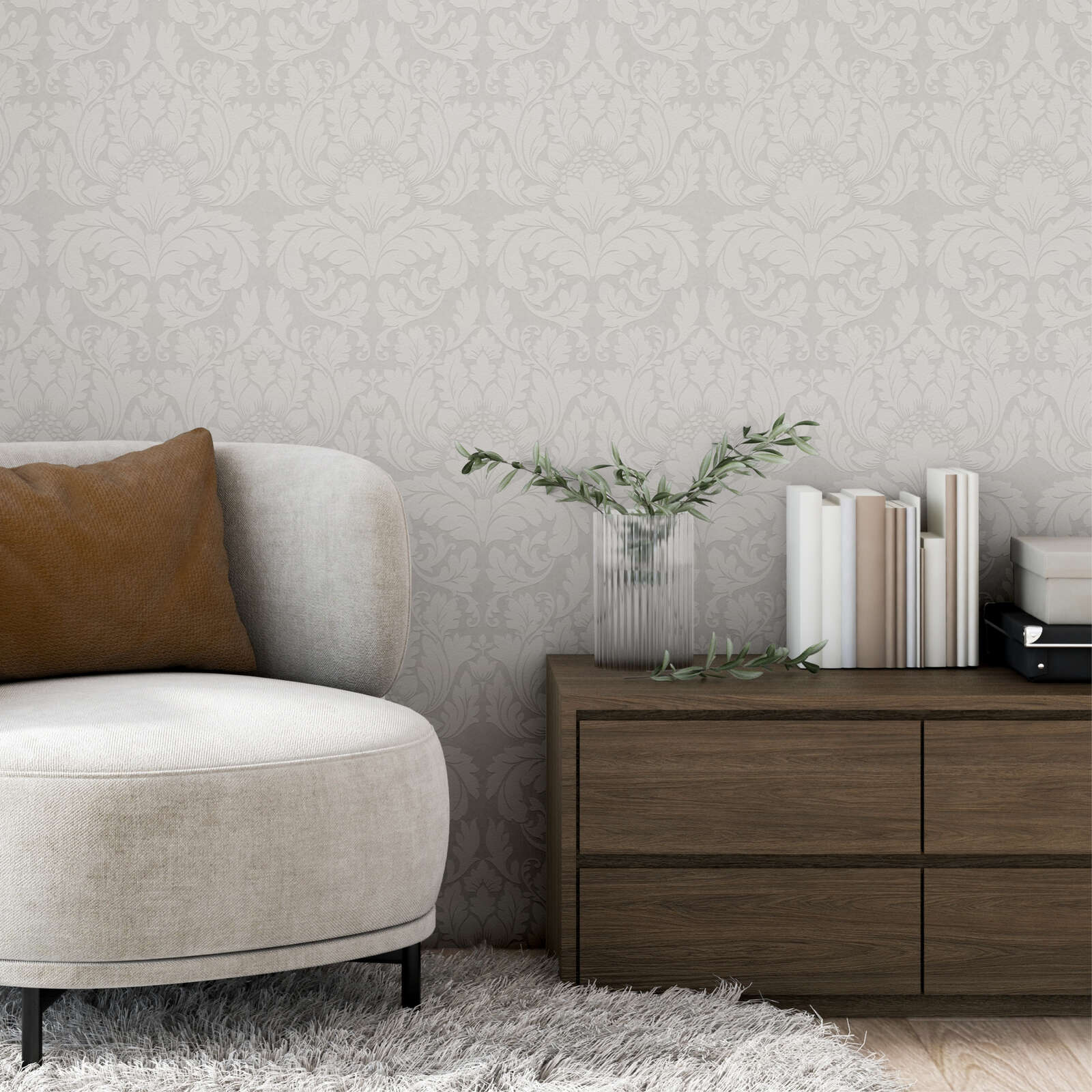             Überstreichbare Tapete mit floralem Ornament Design – Weiß
        