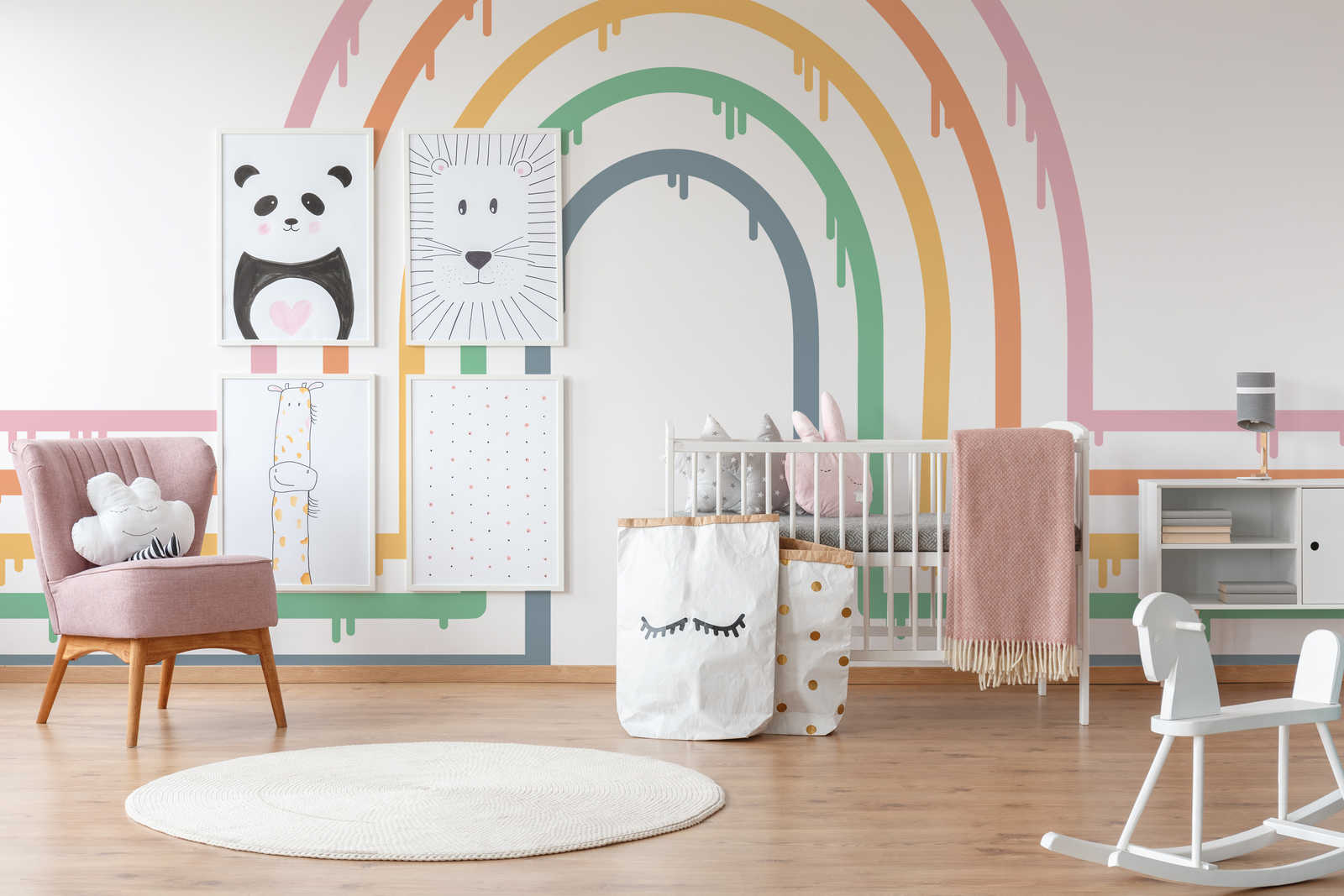             Muurschildering Rainbow Paradise in pastelkleuren
        