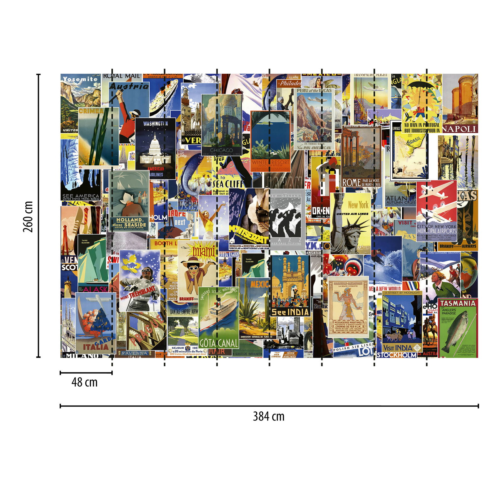 Fototapete Vintage Posterwand mit Reisemotiven – Bunt