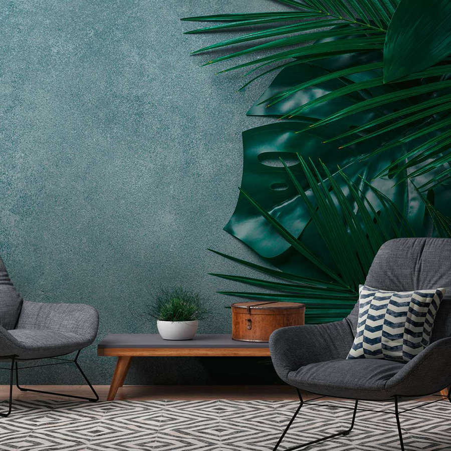         Fototapete tropische Blätter auf Betonuntergrund – Grün, Grau
    
