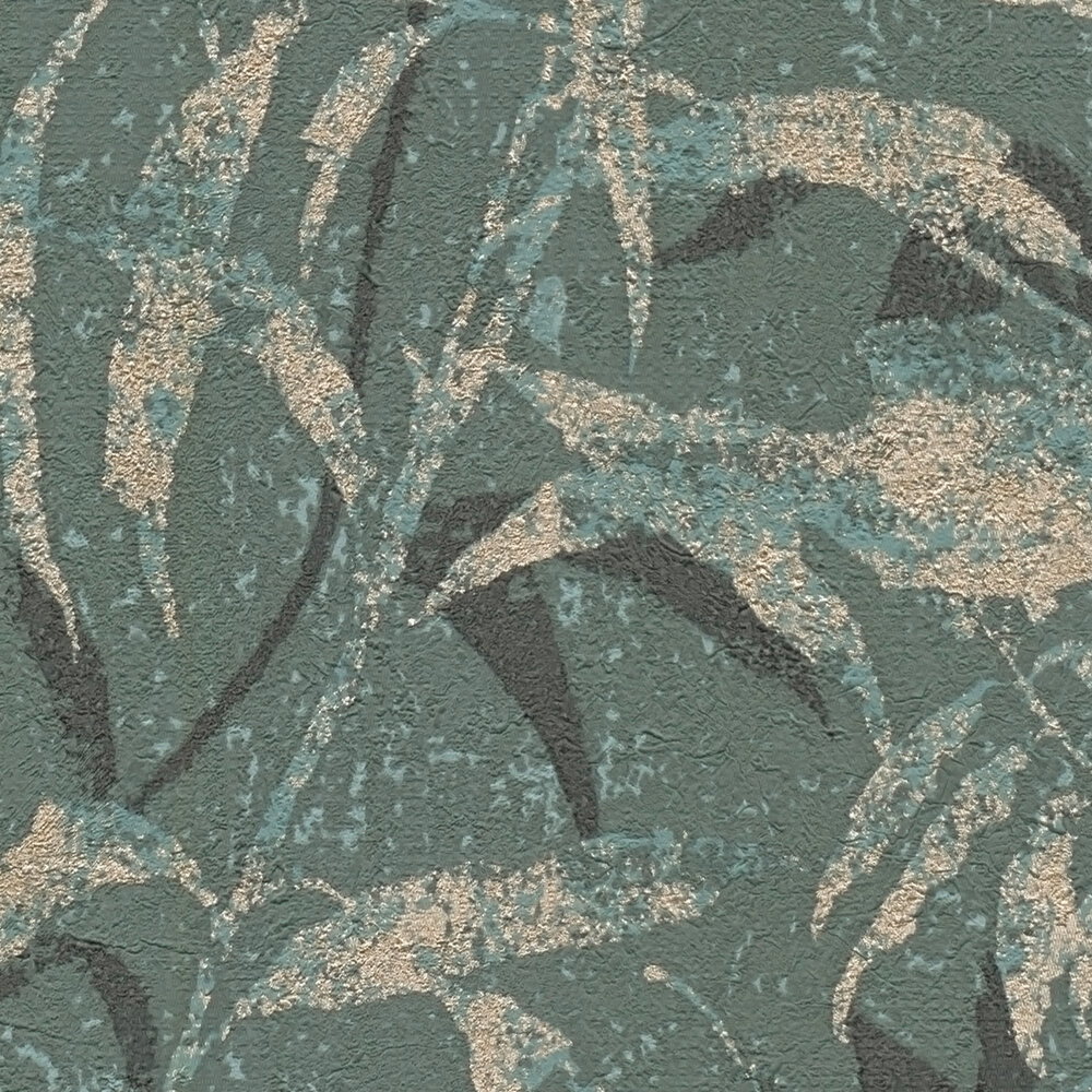 Lebendige Vliestapete mit Blättermotiv und feiner Struktur – Blau, Grün, Gold